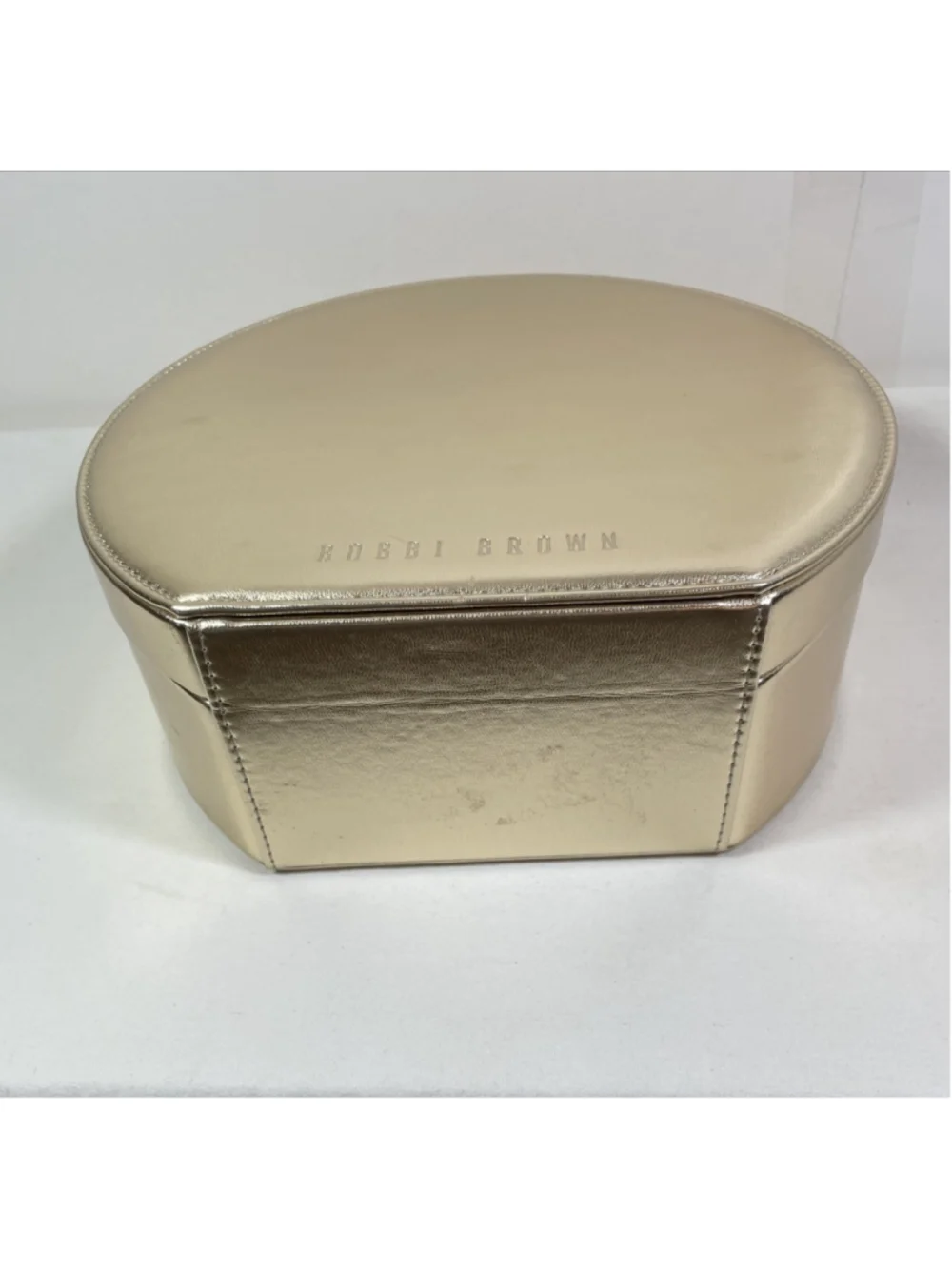 Bobbi Brown Large Shiny Gold Round Cosmetic Travel Case Makeup Bag Pink Interior
